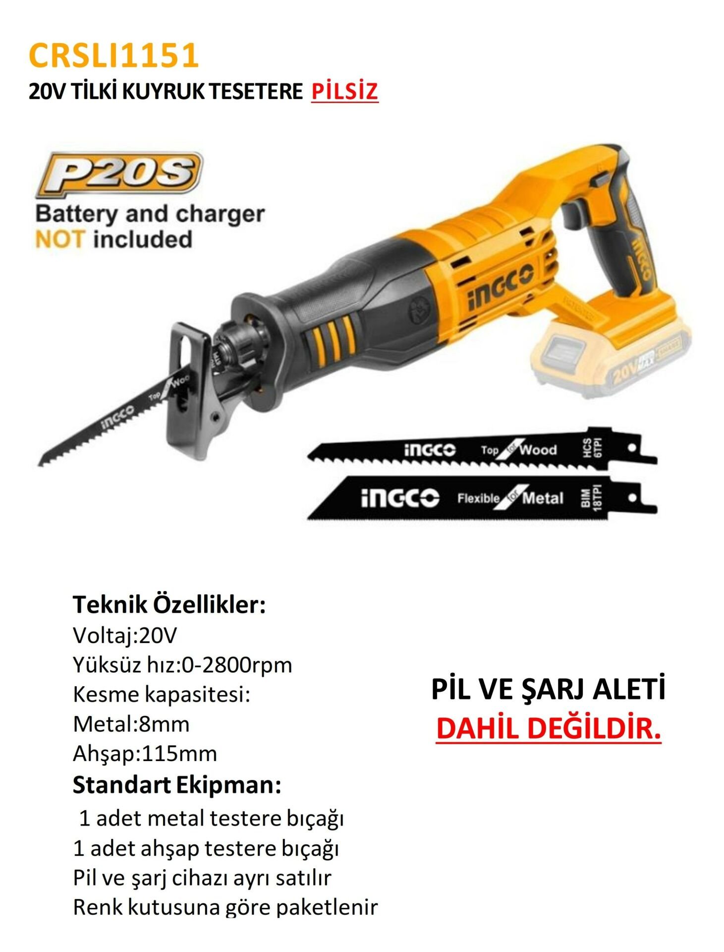 20 V TİLKİ KUYRUK TESTERE PİLSİZ