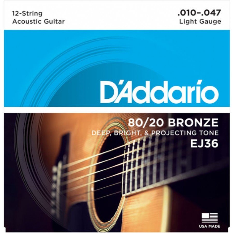 D'Addario EJ36 80/20 12-String Bronze Akustik Gitar Teli, Light, 10-47