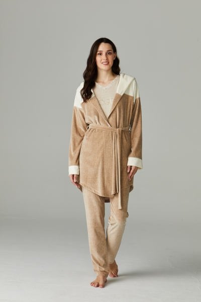 Lotus Kapüşon Model Sabahlıklı Kadın 3'lü Pijama Takımı