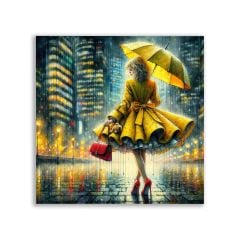 Yağmur Altında Sarı Elbiseli Kadın Yapay Zeka Tablosu - YPZ119