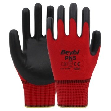 Beybi PN5 Polyester Örme Nitril Eldiven Kırmızı-Siyah No 9
