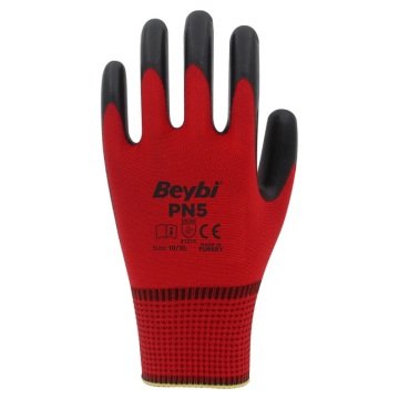 Beybi PN5 Polyester Örme Nitril Eldiven Kırmızı-Siyah No 10