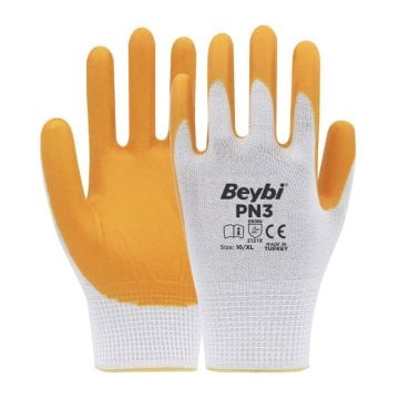 Beybi PN3 Polyester Astarlı Örme Nitril Kaplı Eldiven Beyaz-Sarı No 09