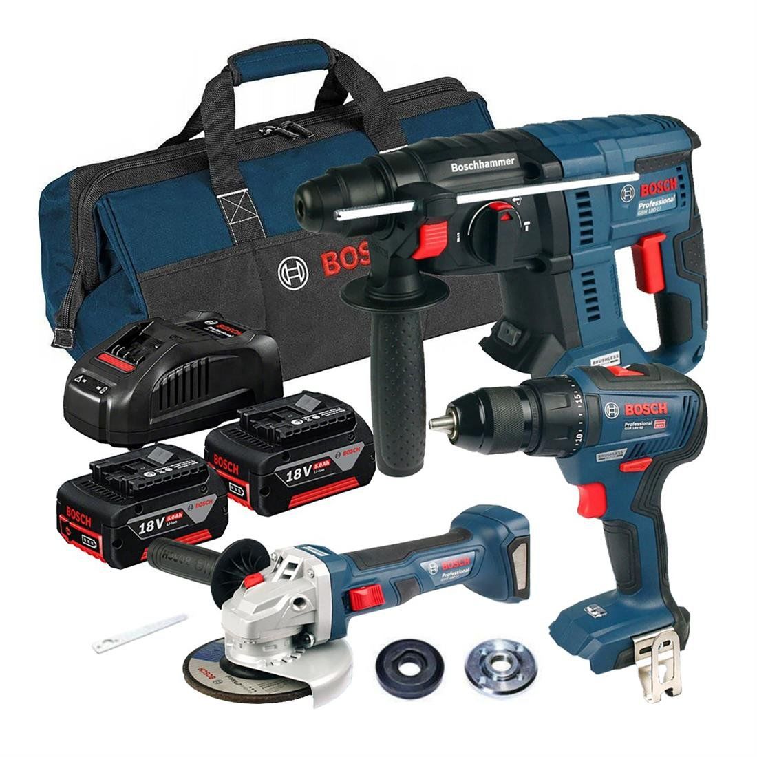 Bosch 18V 3lü Set Gsr 18V-50 Vidalama + Gbh 180 Kırıcı Delici + Gws 18 Taşlama Makinası + Gba 18 + 2x5.0 Ah Akü