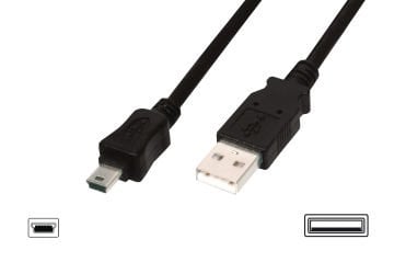 Assmann Usb 2.0 Bağlantı Kablosu, Usb A Erkek - Usb Mini B (5 Pin) Erkek, 3 Mt, Awg 28, Usb 2.0 Uyumlu, Ul, Siyah Renk