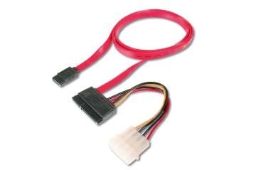 Assmann Sata Kablosu, Sata Iı/Iıı, Sata 22 Pin Dişi Konnektör - Sata 7 Pin L Tip Dişi Konnektör + 4 Pin Erkek Güç Konnektörü, Yassı Kablo Tipi, 0.50 Mt, Awg28, Zırhsız, Kırmızı Renk