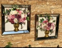 Pembe Yapay Çiçekli & Aynalı Kare Tablo