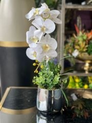 Tek Dal Orkideli Gümüş Metal Vazo