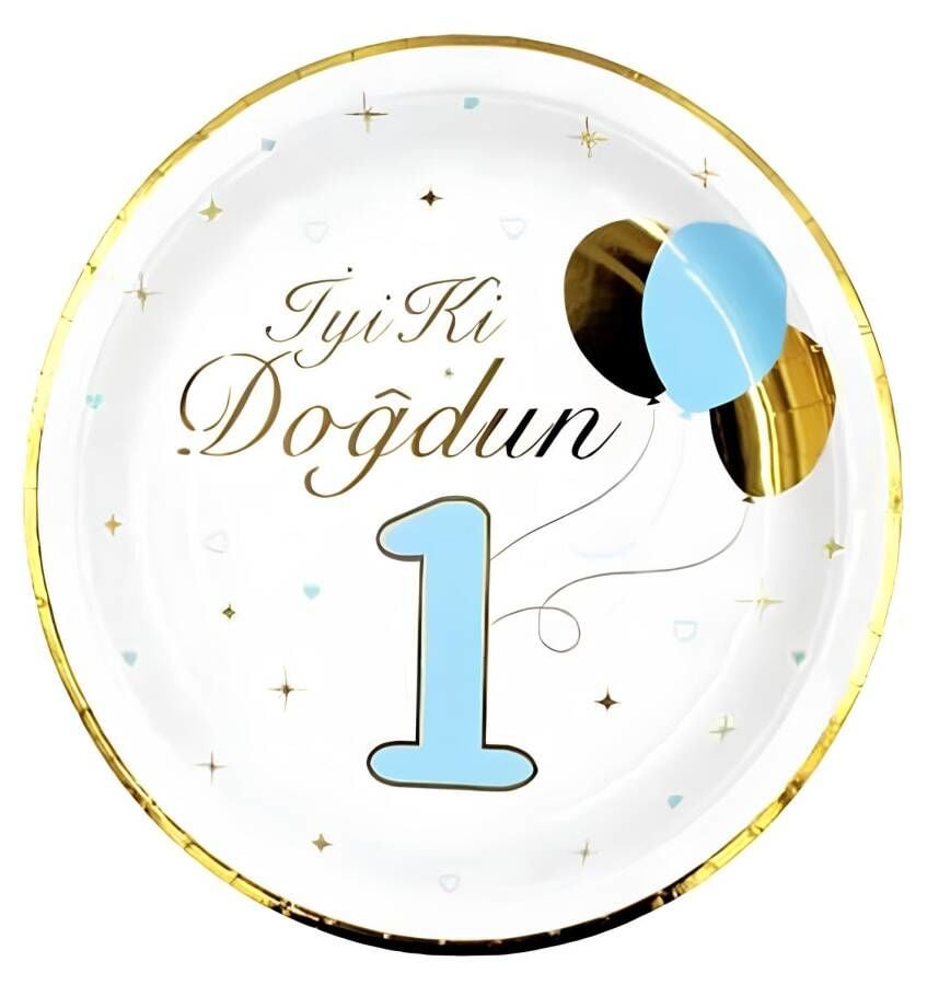 Karton Tabak İyi Ki Doğdun 1 Yaş Mavi Gold Varaklı 23 cm 6'lı