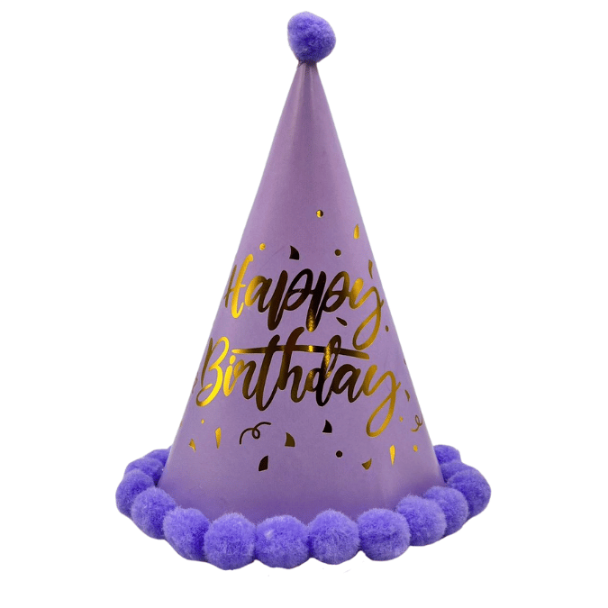 Ponponlu Şapka Makaron Parlak Happy Birthday Varak Baskılı Lila