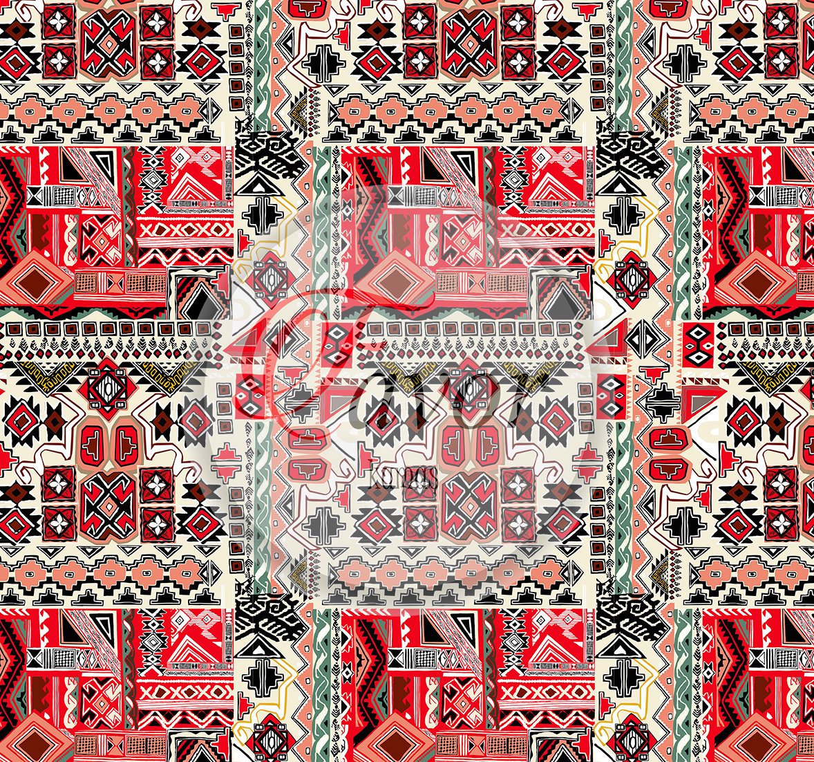 Kırmızı Tonlu Etnik Kilim Desenli Kumaş