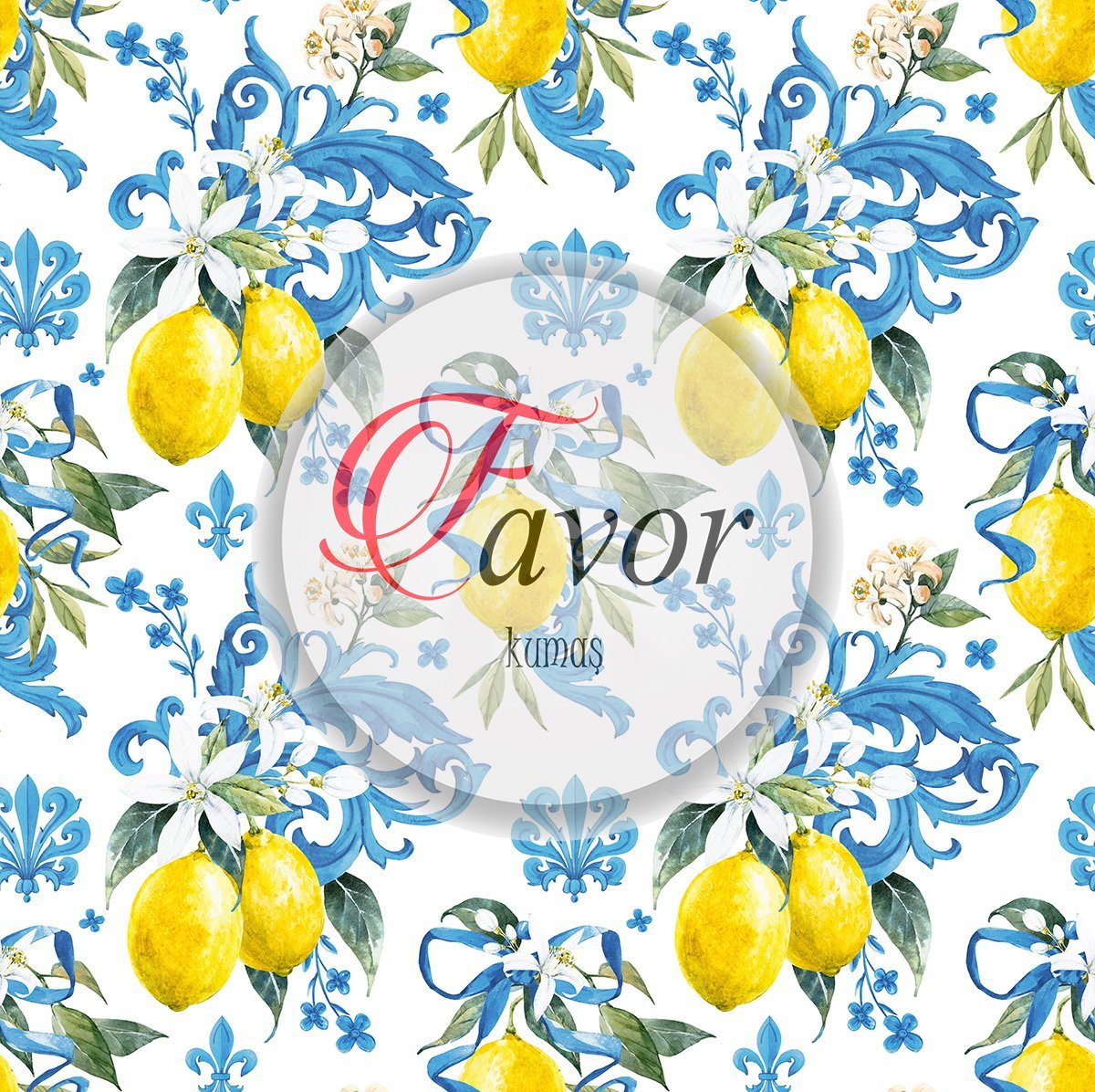 Mavi Sarı Limon Desenli Kumaş