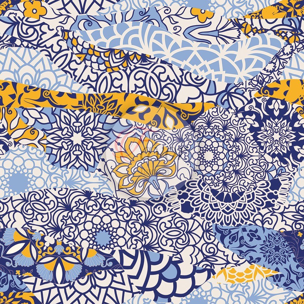 Mavi Sarı Mandala Desenli Kumaş