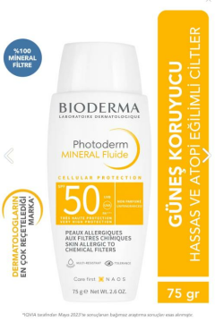 Bioderma Photoderm Mineral Fluid SPF50+ Çok Hassas Ciltler için Yüksek Korumalı Yüz, Vücut Güneş Kremi 75 gr