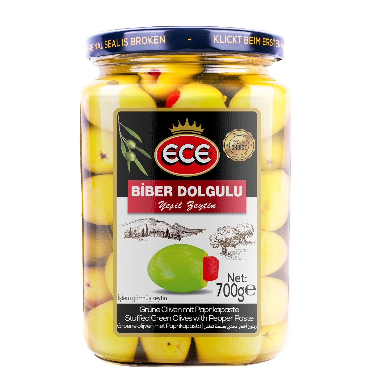 ECE YEŞİL ZEYTİN BİBER DOLGULU 700G KARE CAM SÜZME:400G 1*12