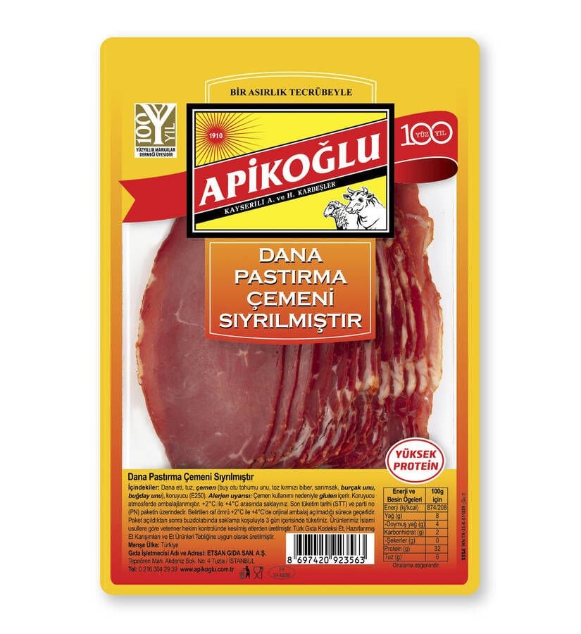 APİKOĞLU PASTIRMA 90GR ÇEMENSİZ  DİLİM 1*6