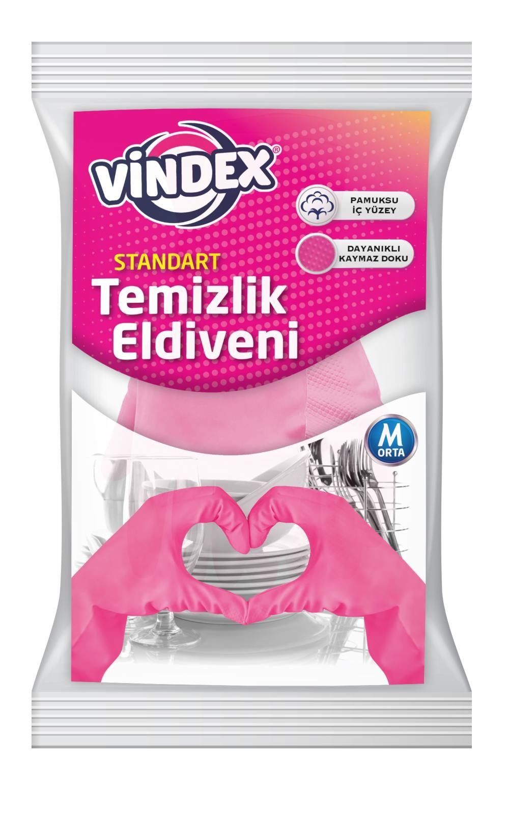 VİNDEX TEMİZLİK ELDİVENİ STANDART ORTA PEMBE 1*12*10