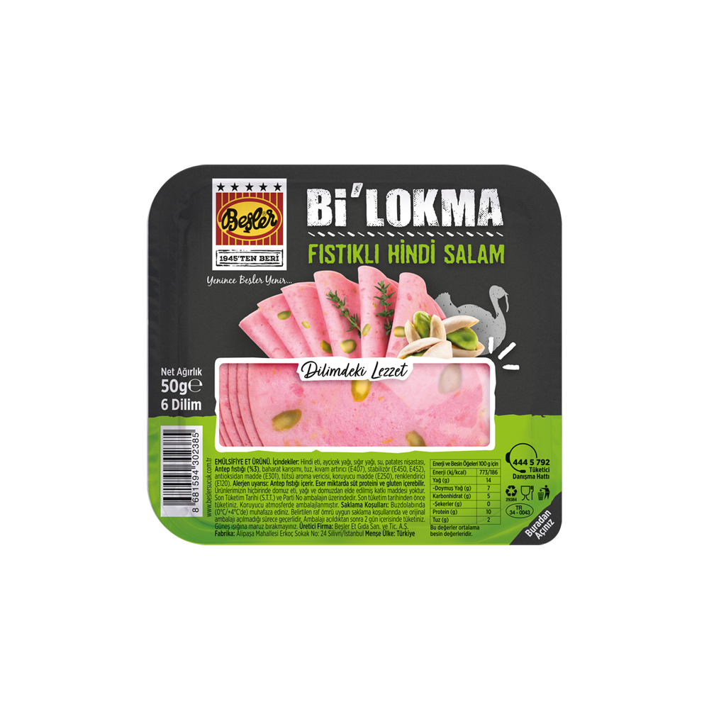 BEŞLER S.Bİ LOKMA SALAM HİNDİ FISTIKLI 6 DİLİM 50GR 1*24