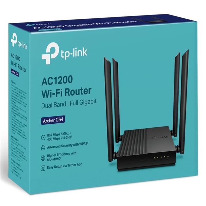 TP-LINK ARCHER C64 AC1200 2.4/5GHZ 1200MBPS MU-MIMO IC ORTAM KABLOSUZ WIFI ROUTER