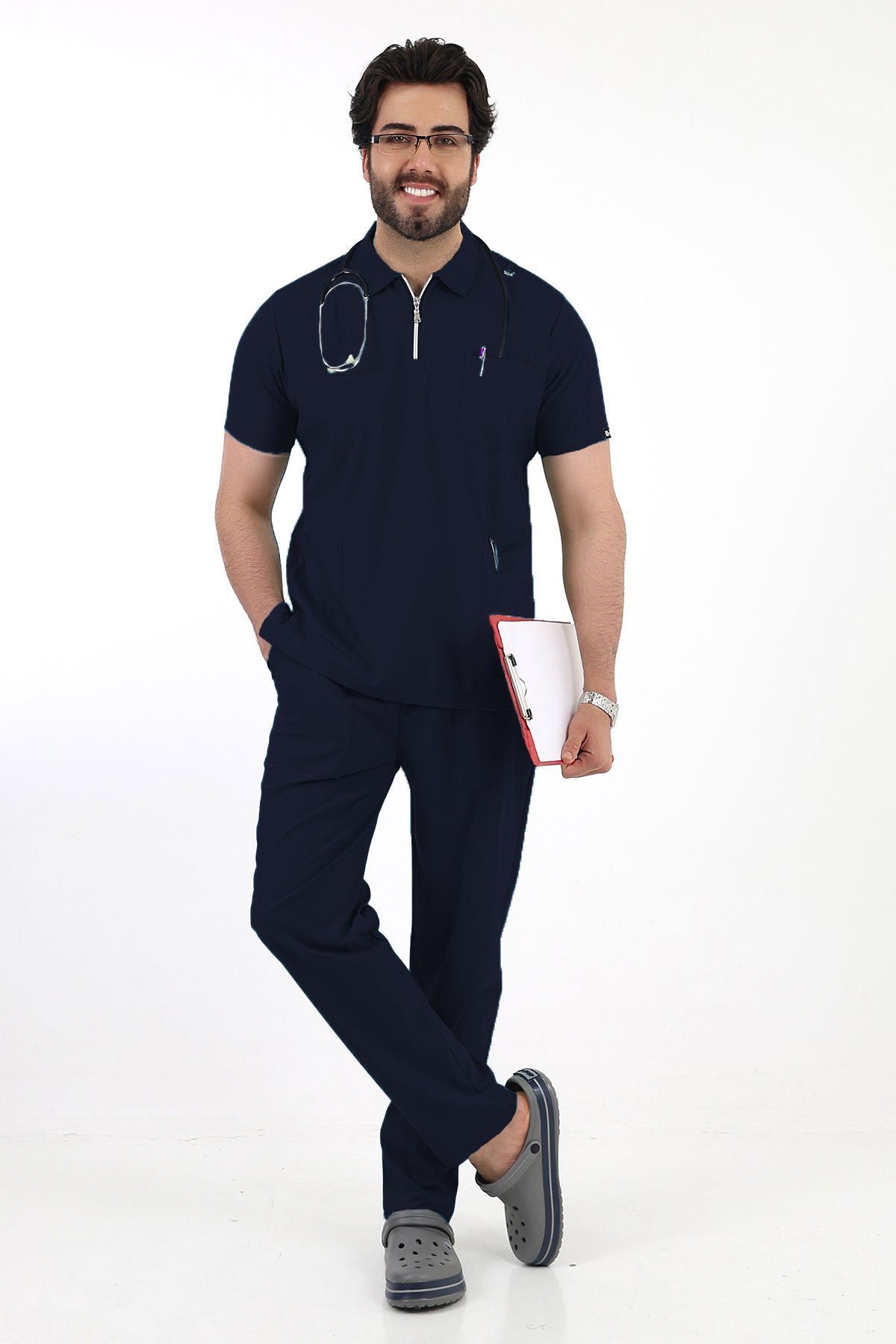 Lacivert Likralı Polo Yaka Fermuarlı Erkek Doktor Hemşire Üniforma Takımı, Büyük Beden Takım