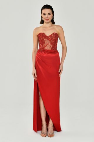 STRAPLESS TOP STONE LONG DRESS WITH SIDE SPLIT