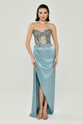 STRAPLESS TOP STONE LONG DRESS WITH SIDE SPLIT