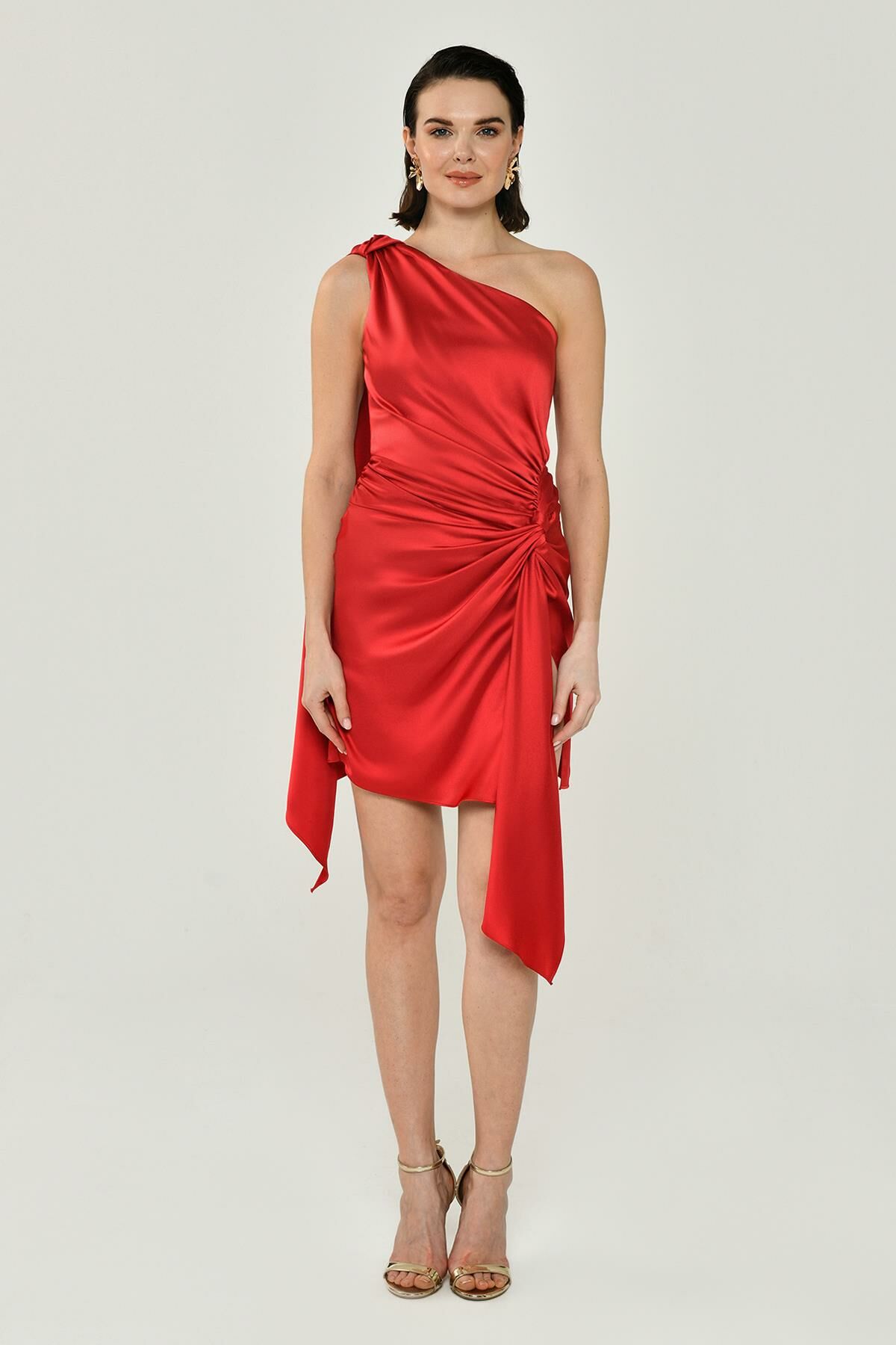 One Shoulder Knot Detailed Slit Satin Dress