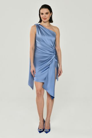 One Shoulder Knot Detailed Slit Satin Dress