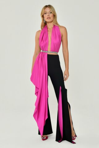 Halter Neck Decollete Long Jumpsuit With Ribbon Accessory