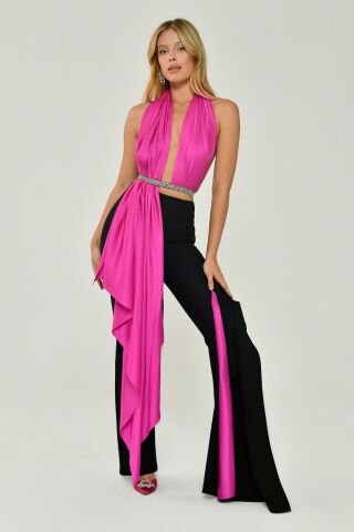 Halter Neck Decollete Long Jumpsuit With Ribbon Accessory