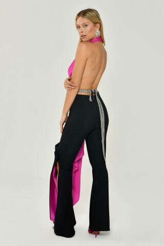 Halter Neck Decollete Long Jumpsuit With Ribbon Accessory