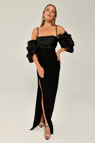 HANGING LOW BALLOON SLEEVE LONG DRESS WITH SLOT