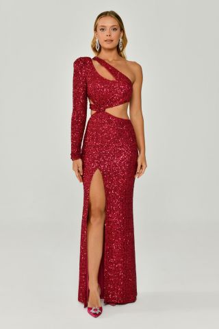 Single Sleeve Front Slit Sequin Fabric Long Dress