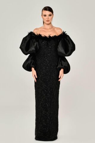 BALLOON SLEEVE COLLAR FABRIC LONG DRESS WITH FEATHER BEADS