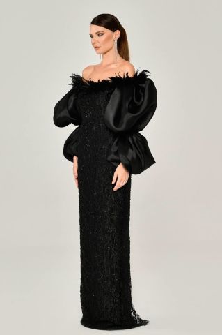 BALLOON SLEEVE COLLAR FABRIC LONG DRESS WITH FEATHER BEADS
