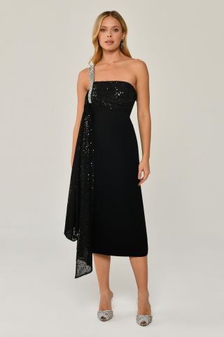 Gemstone Single Strap Sequin Sequin Shawl Crepe Midi Dress