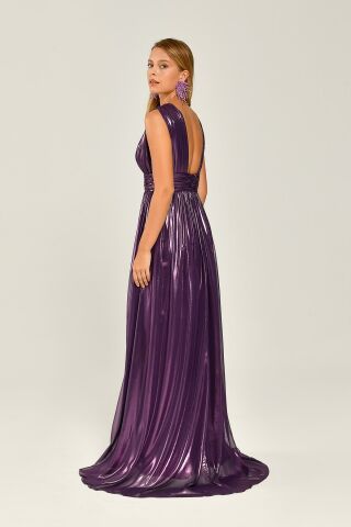 SHINING FABRIC DEEP V-NECK LONG DRESS WITH DOUBLE SLOT FRONT