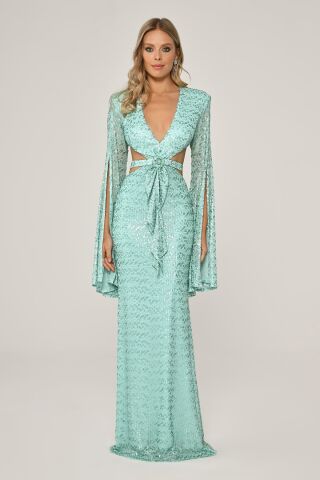 Flowy Long Sleeve V-Neck Sequined Long Dress