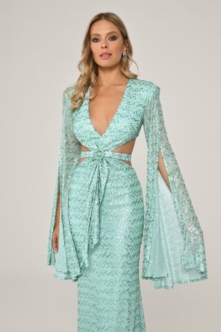 Flowy Long Sleeve V-Neck Sequined Long Dress