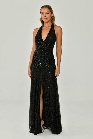 Halter Neck Low-Cut Backless Sequin Long Dress With Fringe Accessory