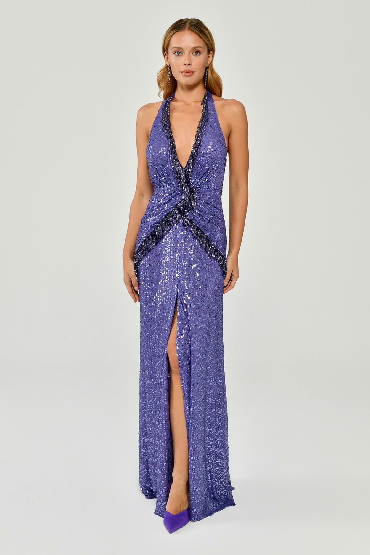 Halter Neck Low-Cut Backless Sequin Long Dress With Fringe Accessory