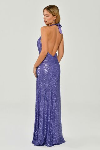 Halter Neck Low-Cut Backless Sequin Long Dress With Fringe Accessory