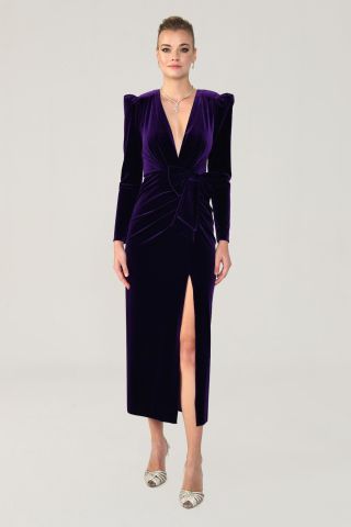 LONG SLEEVE DEEP V-NECK VELVET LONG DRESS