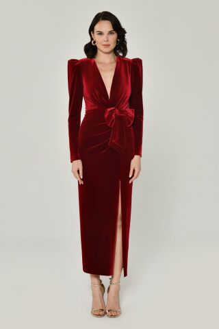 LONG SLEEVE DEEP V-NECK VELVET LONG DRESS