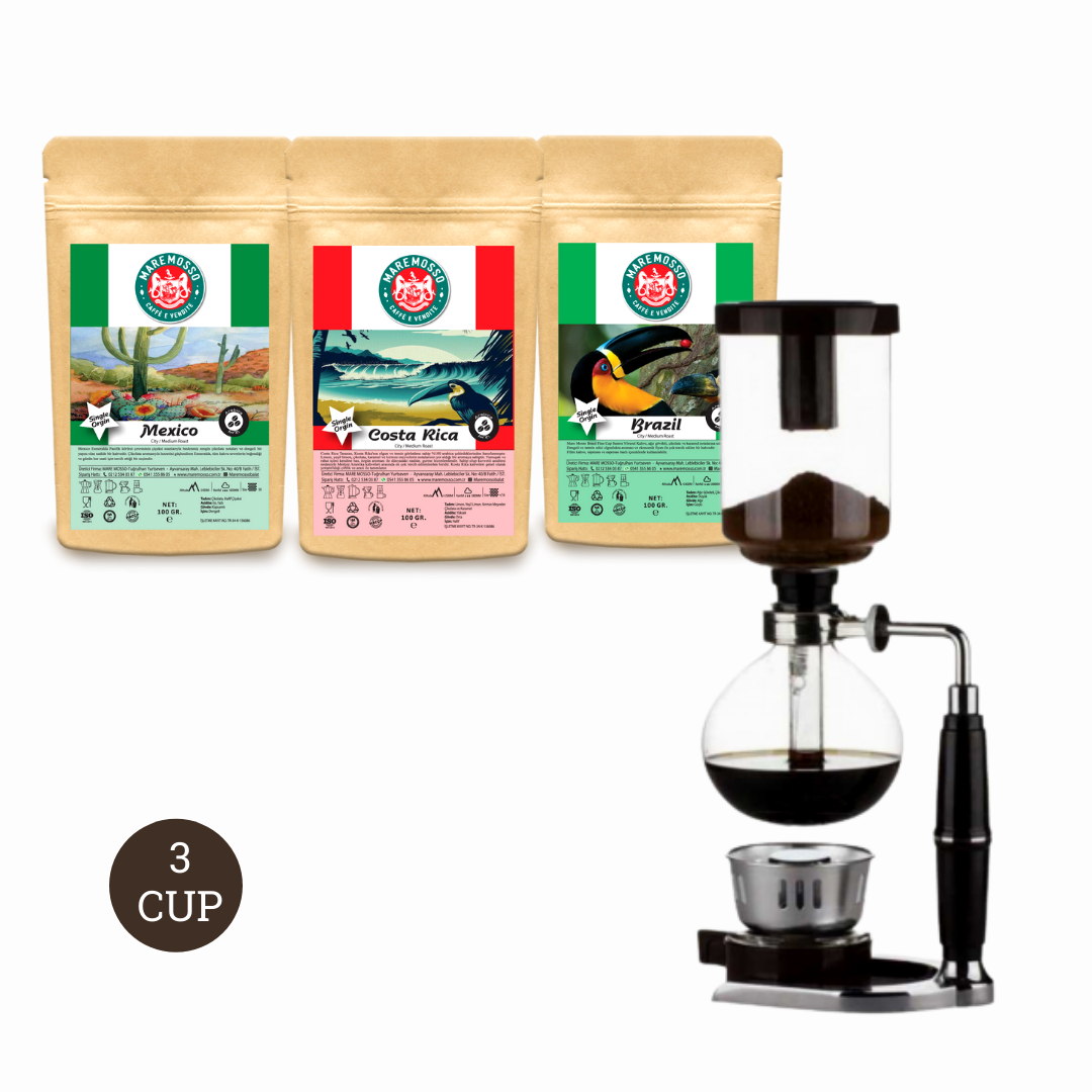 ALOHA SYPHON DEMLEME 3 CUP + 100 Gr x 3 Paket Yöresel Dünya Kahvesi Hediye