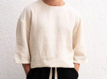 Yarım Kol Viskon Keten Tişört Bej - L