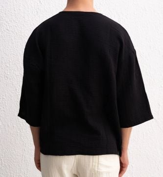 Yarım Kol Viskon Keten Tişört Siyah - XL