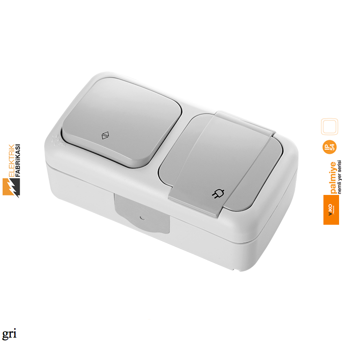 Palmiye IP54 Sıva Üstü Yatay İkili Kombine Veavien + Topraklı Priz-Nemli Yer (Gri I Beyaz I Krem)_Viko by Panasonic