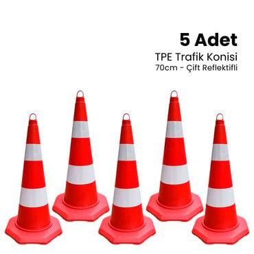 5'li TPE Trafik Konisi Seti 70 cm Çift Reflektifli Trafik Dubası (ADL12376TKR25SET)