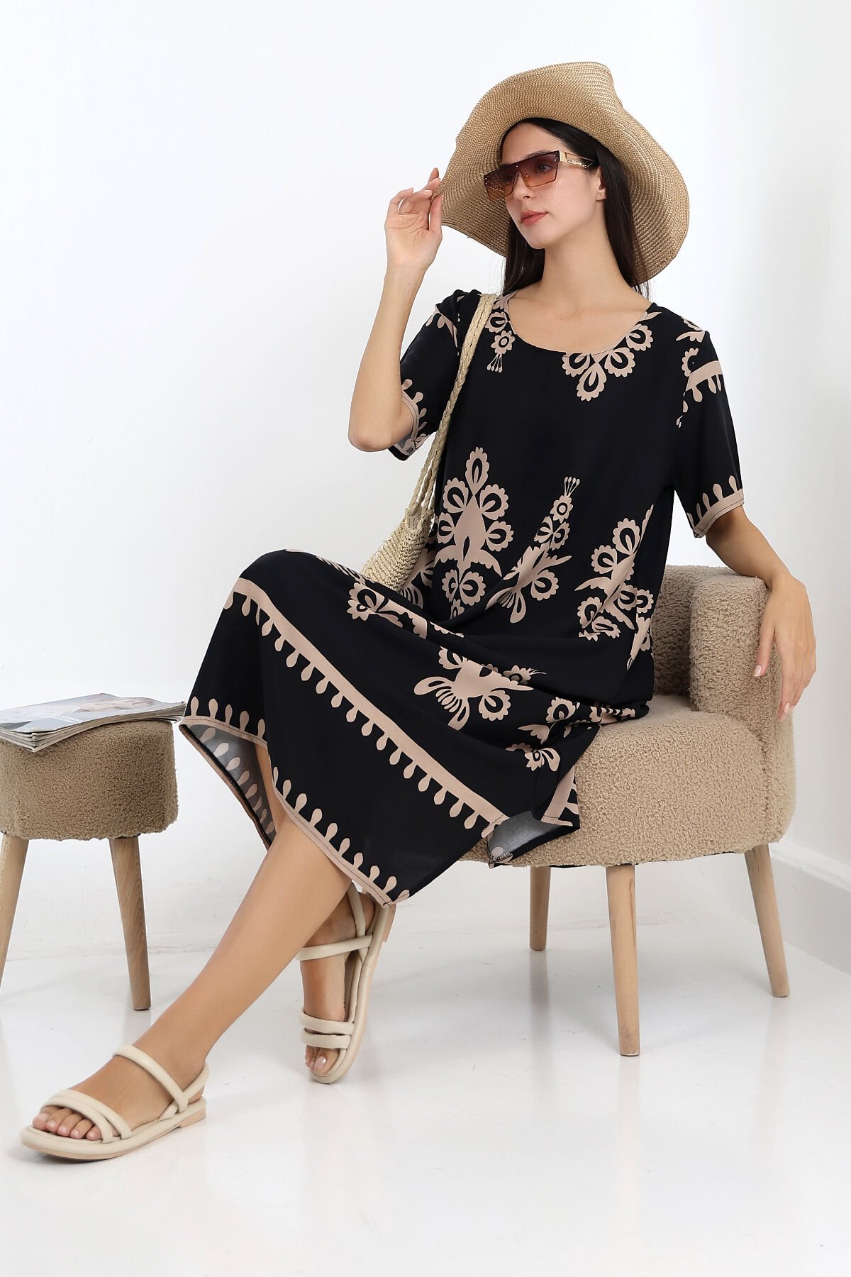 LİKAPASHOP VİSKON KISA KOL ELBİSE 2726 SİYAH OTANTİK - XL